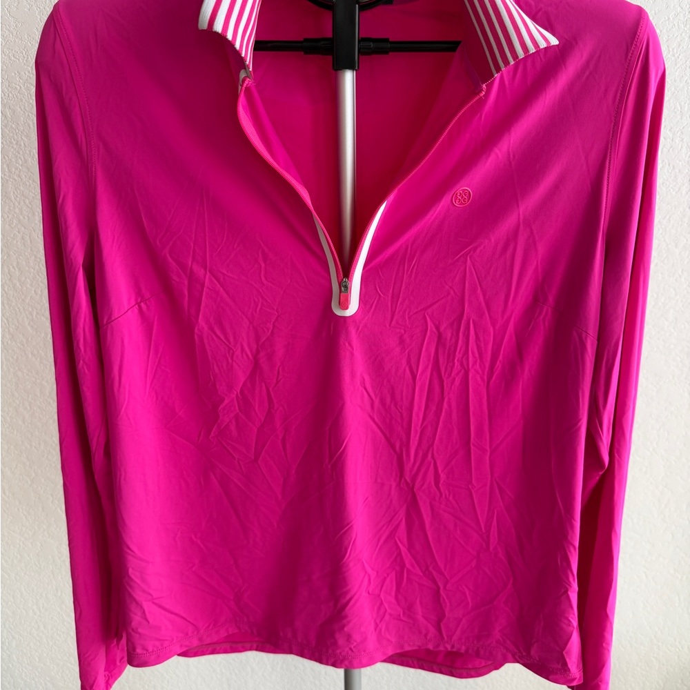 G/FORE Hot Pink 1/4 Zip Golf Tech Polo | Striped Collar | Long Sleeve | Size L